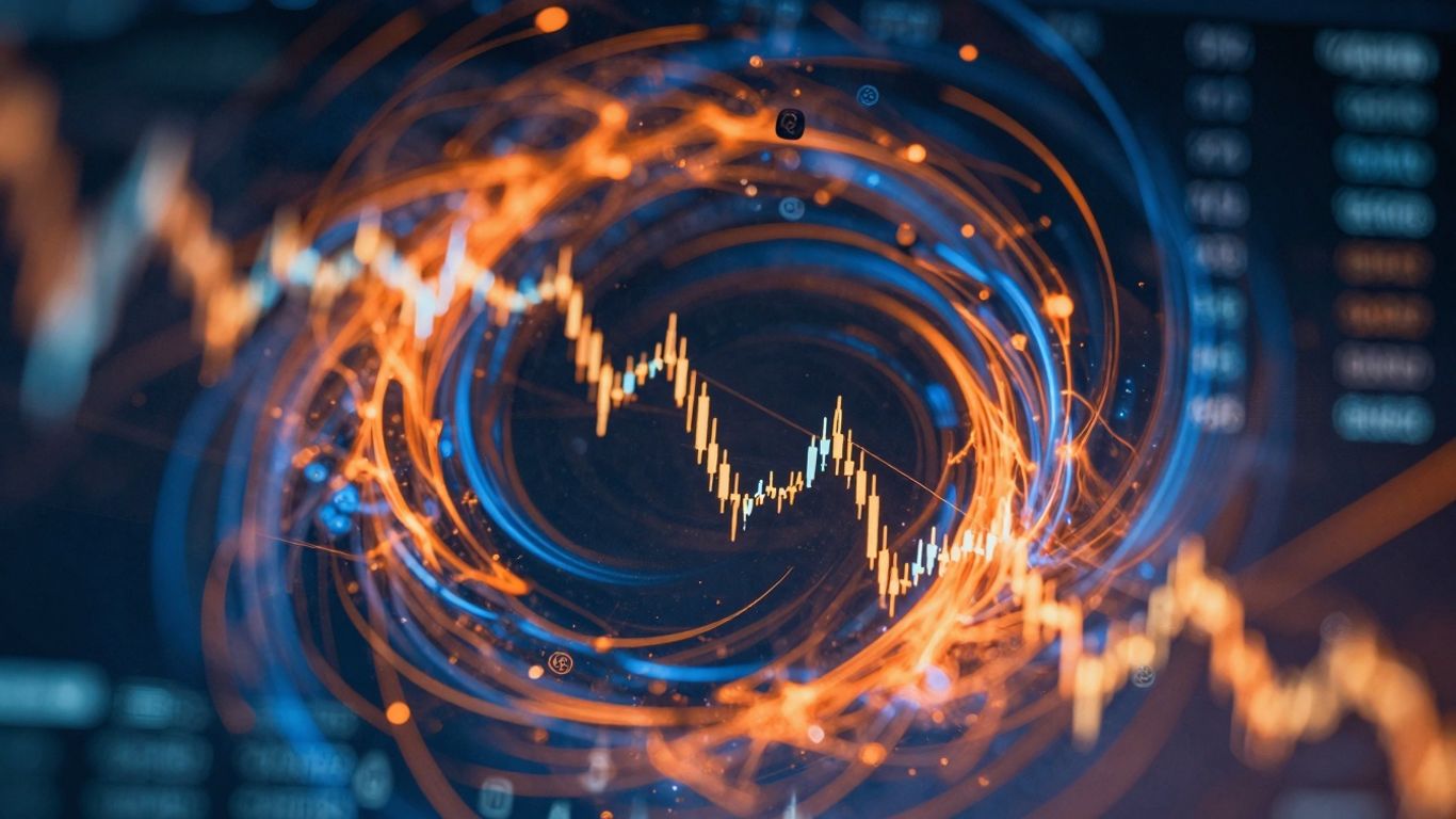 Financial market fluctuations and digital currency icons.