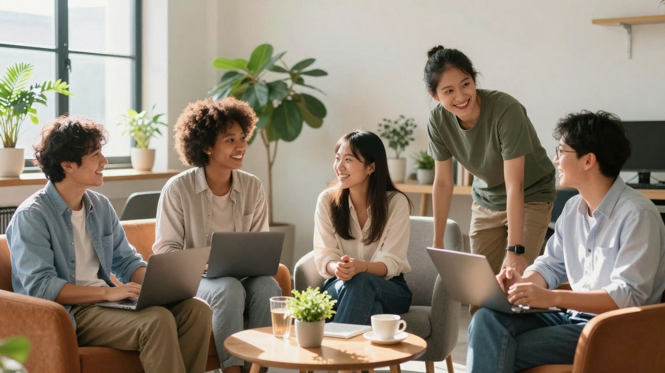 Gelukkige collega's vieren de Dag van het Werkplezier 2025.