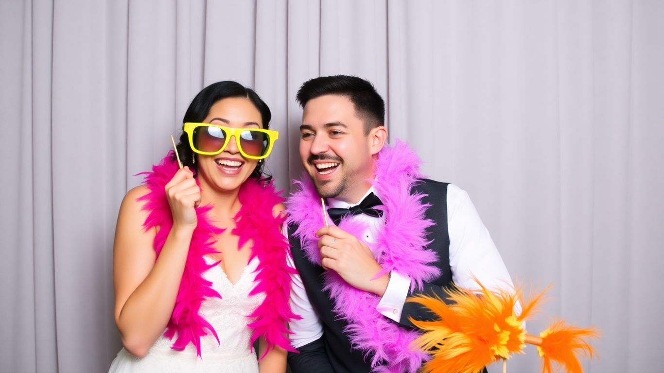 Couple souriant dans un photobooth de mariage avec des accessoires.
