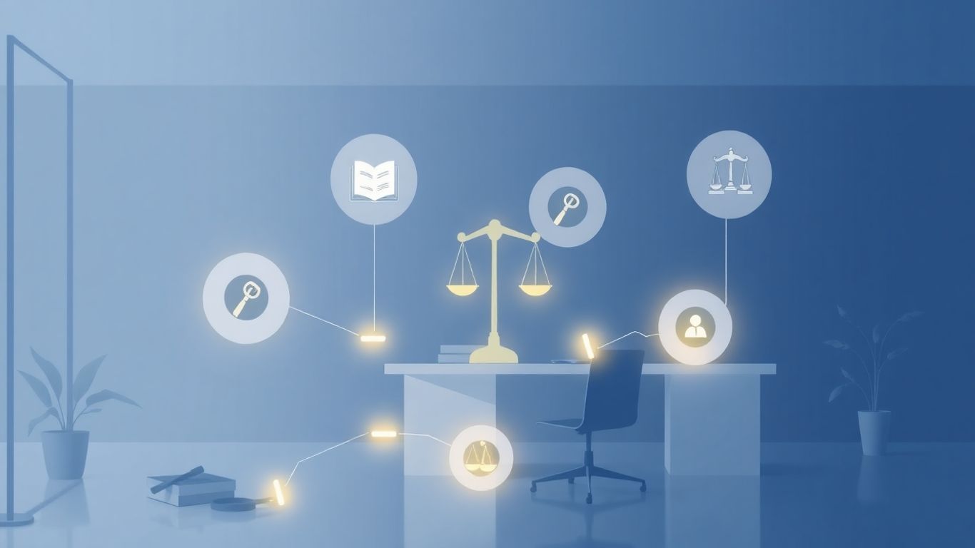 Law firm IT support infographic with legal icons and network lines.
