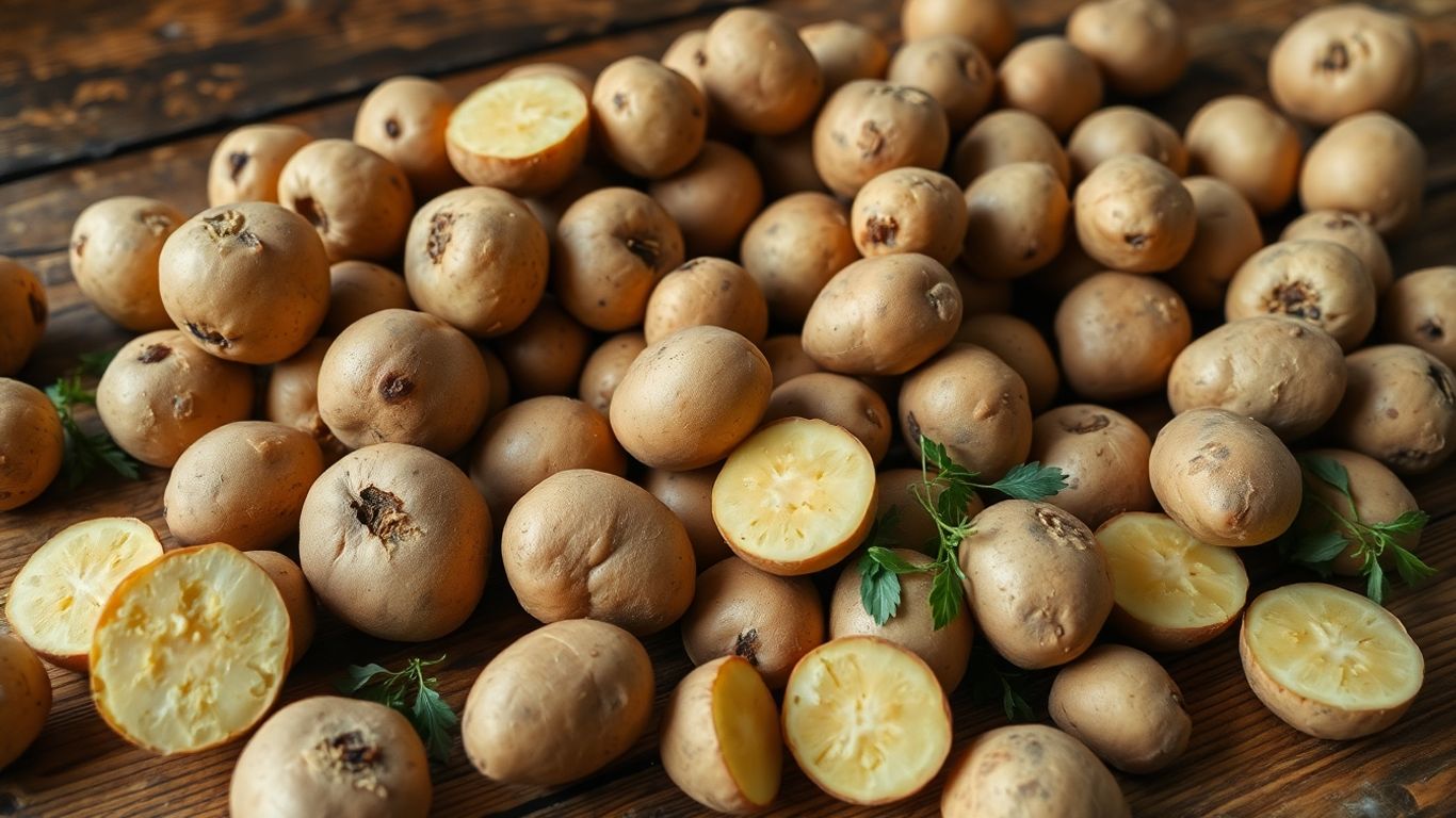 Biologische aardappelen op een rustieke tafel.