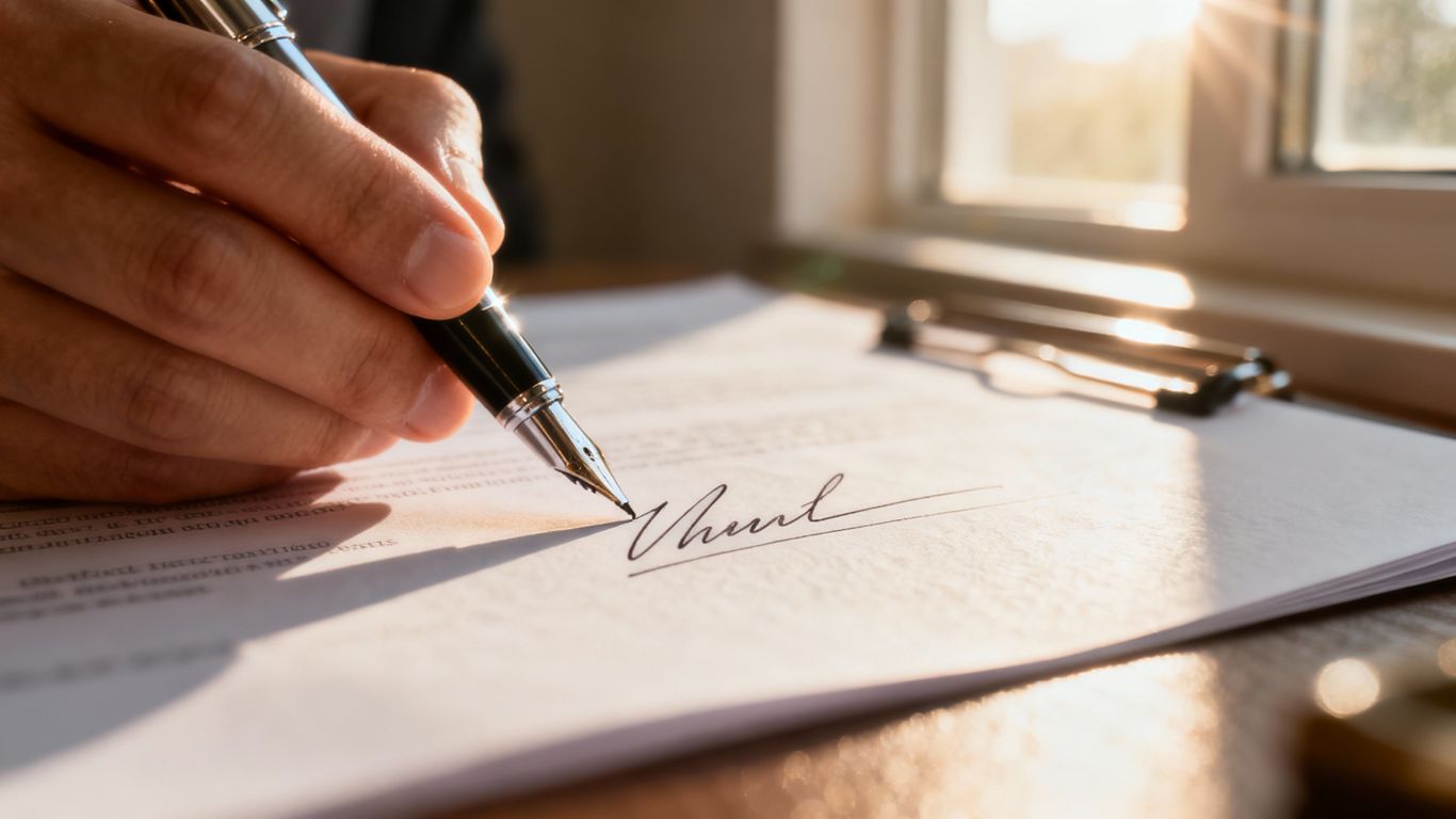 Hand signing a legal document with a pen.