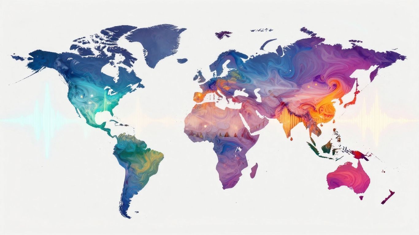 Global sound waves connecting continents with vibrant colors.