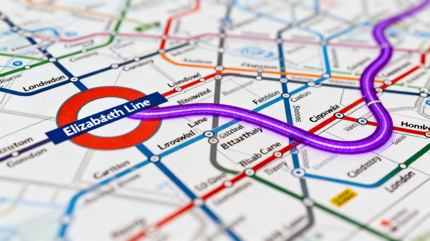 London Underground map with Elizabeth Line highlighted.