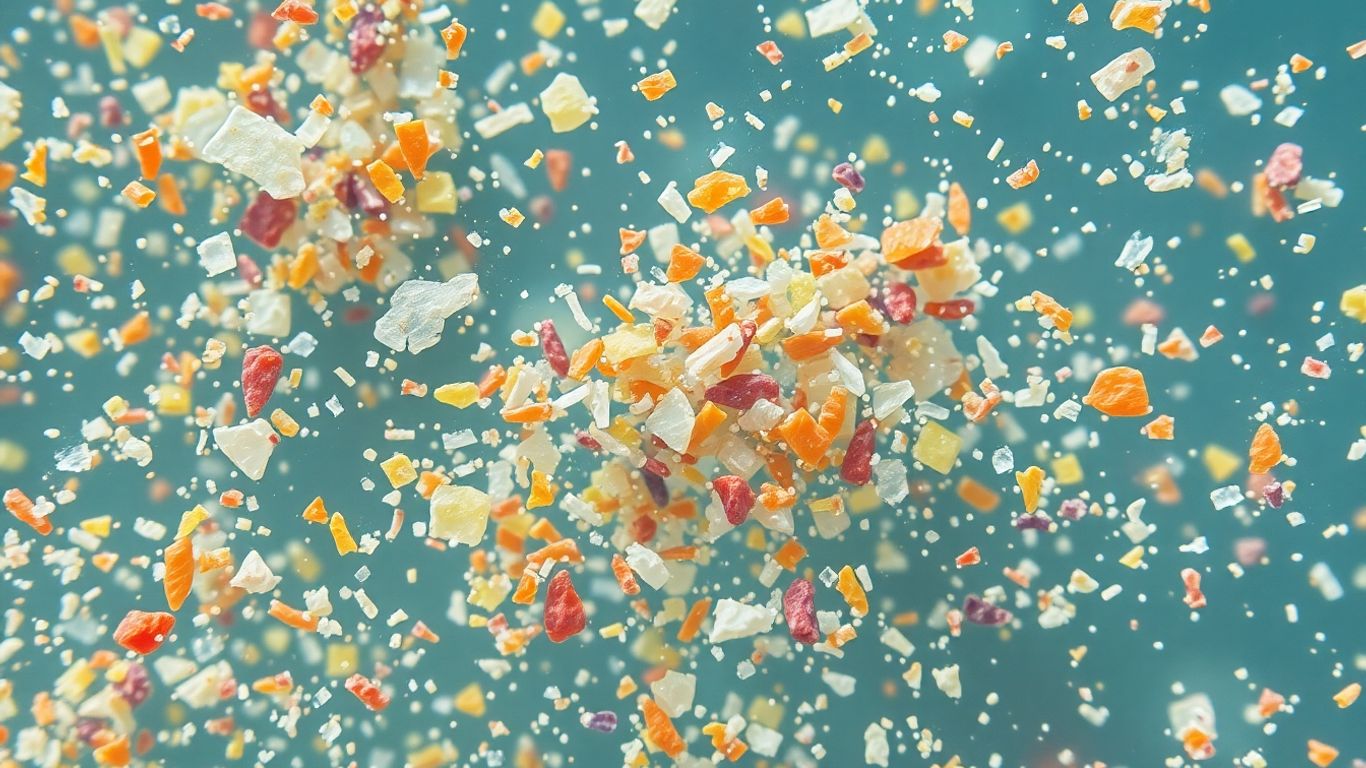Magnified microplastics floating in water.