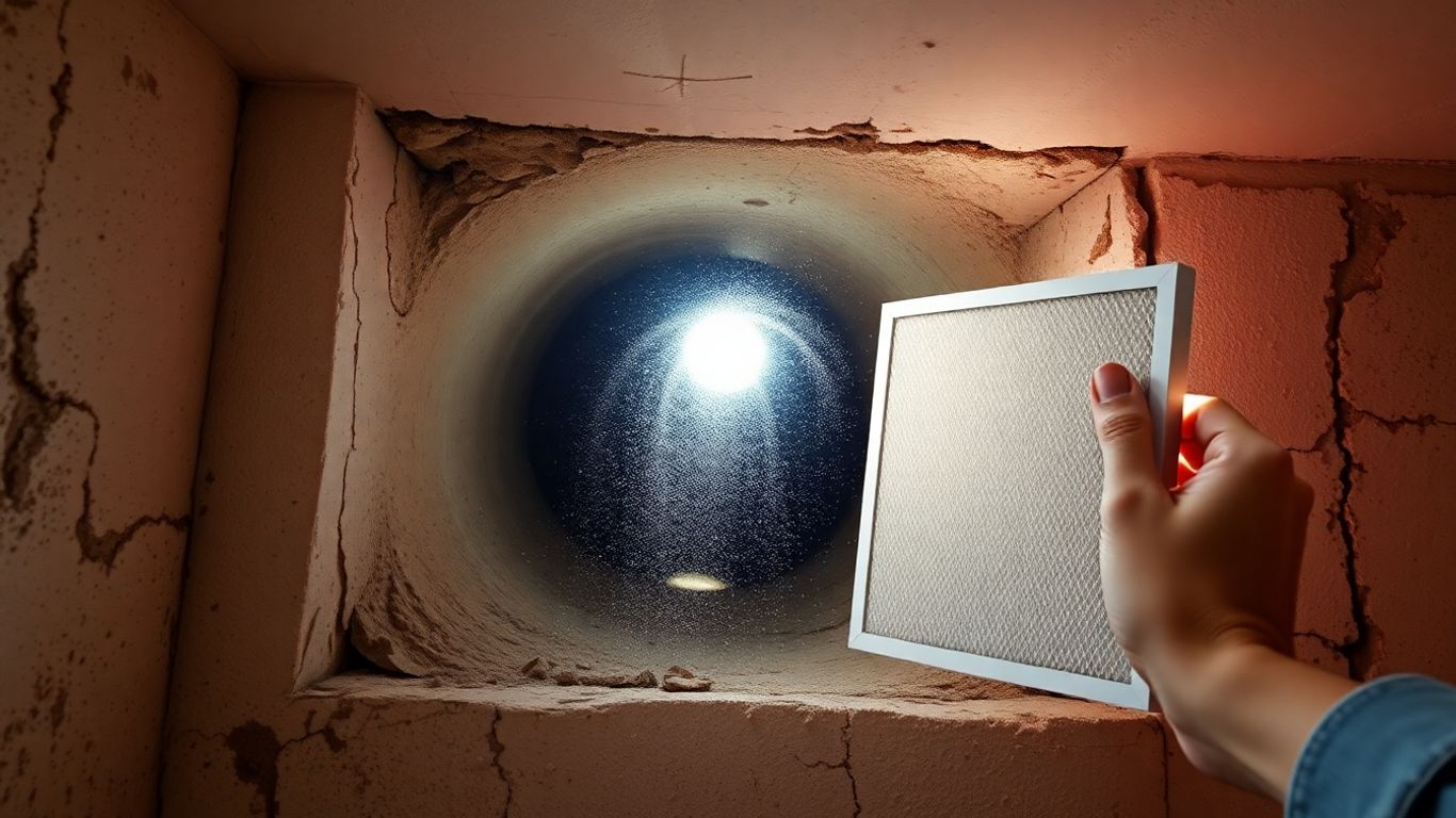 HVAC ductwork in an old home with dust and a new filter.
