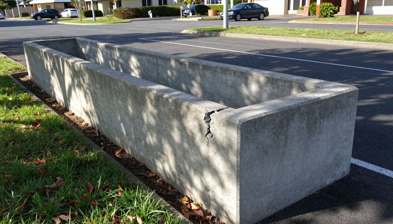 Precast concrete drainage channel section installed in a suburban Australian parking lot, showing signs of edge wear and surface cracking