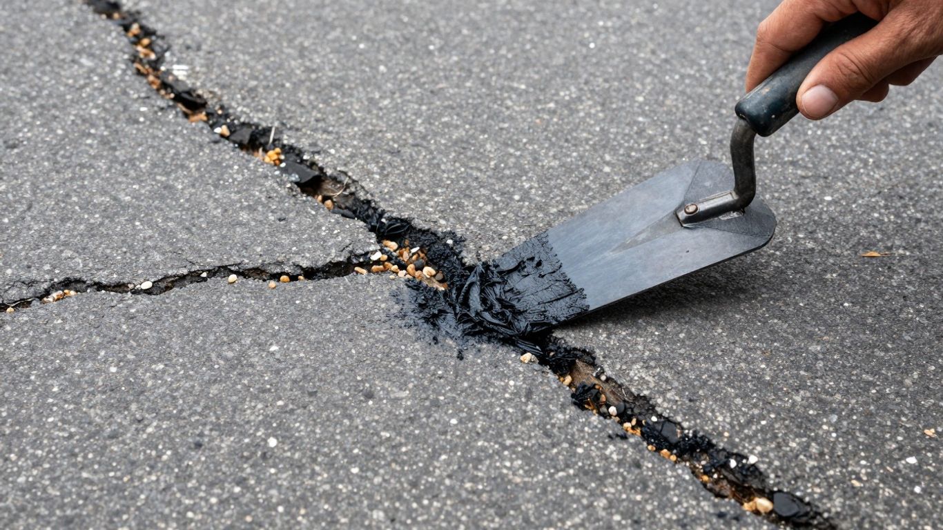 Driveway patching with asphalt repair compound.