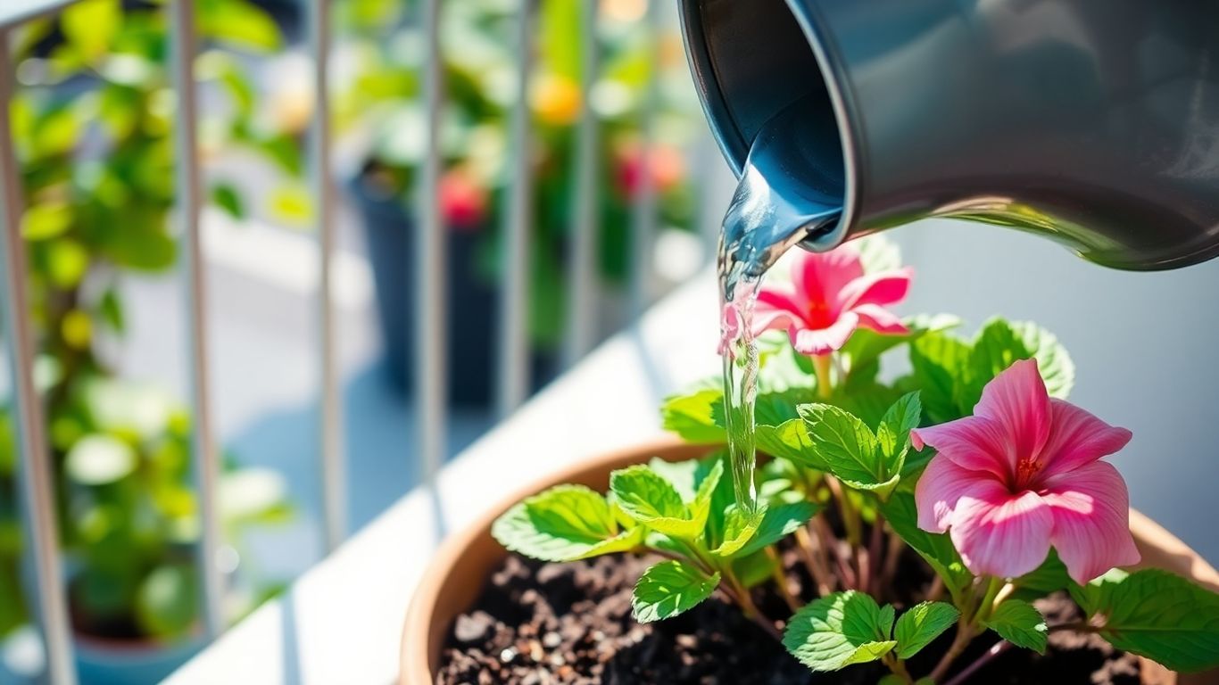 Gießkanne gießt Topfpflanze auf sonnigem Balkon