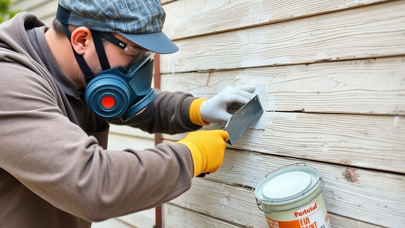 DIYer removing old paint safely outdoors.