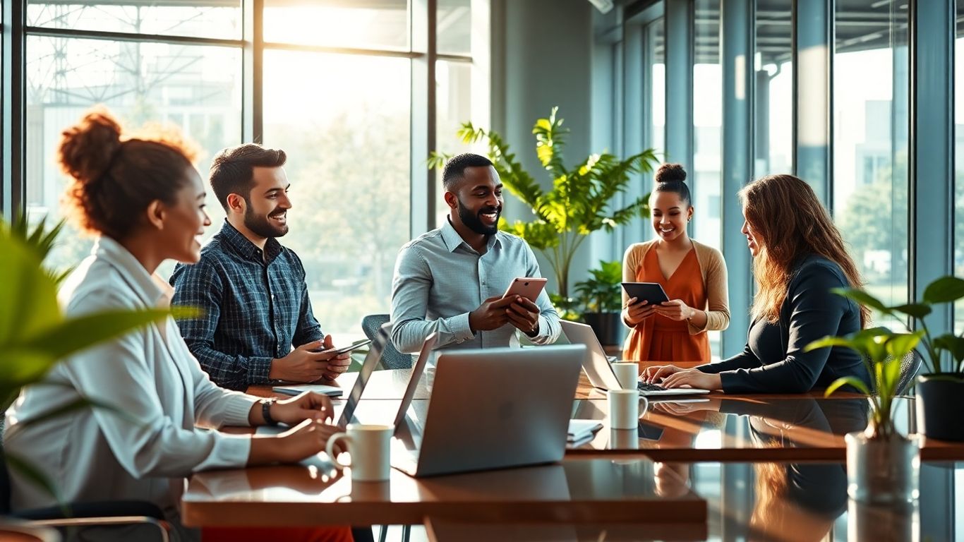 Business professionals networking in a modern sunlit office