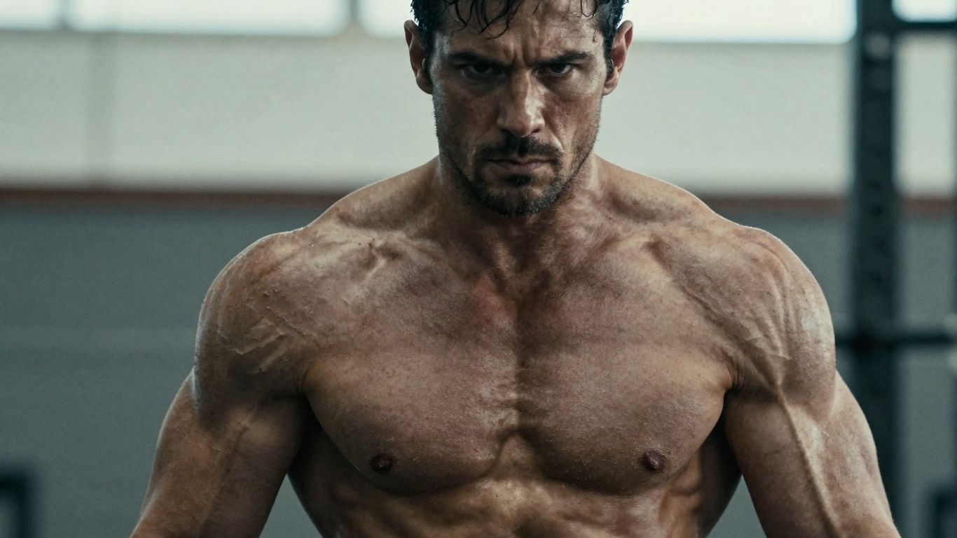 Muscular man's physique, dramatic lighting, intense atmosphere.