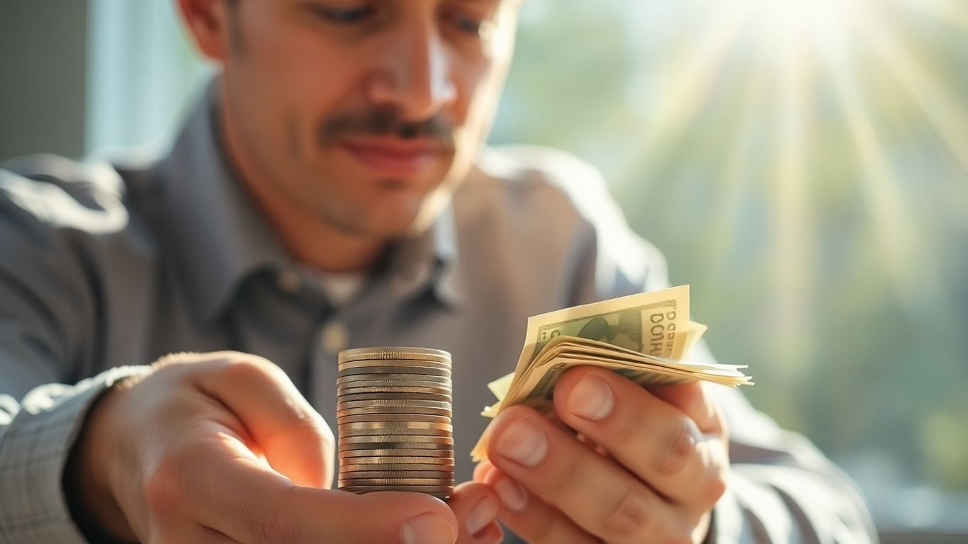 Person planning personal finances with coins and bills.