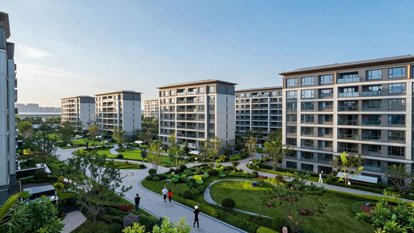 Modern residential complex with green spaces and amenities.