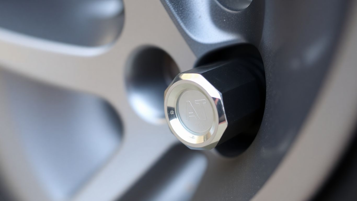Close-up of a tire valve cap on a car tire.