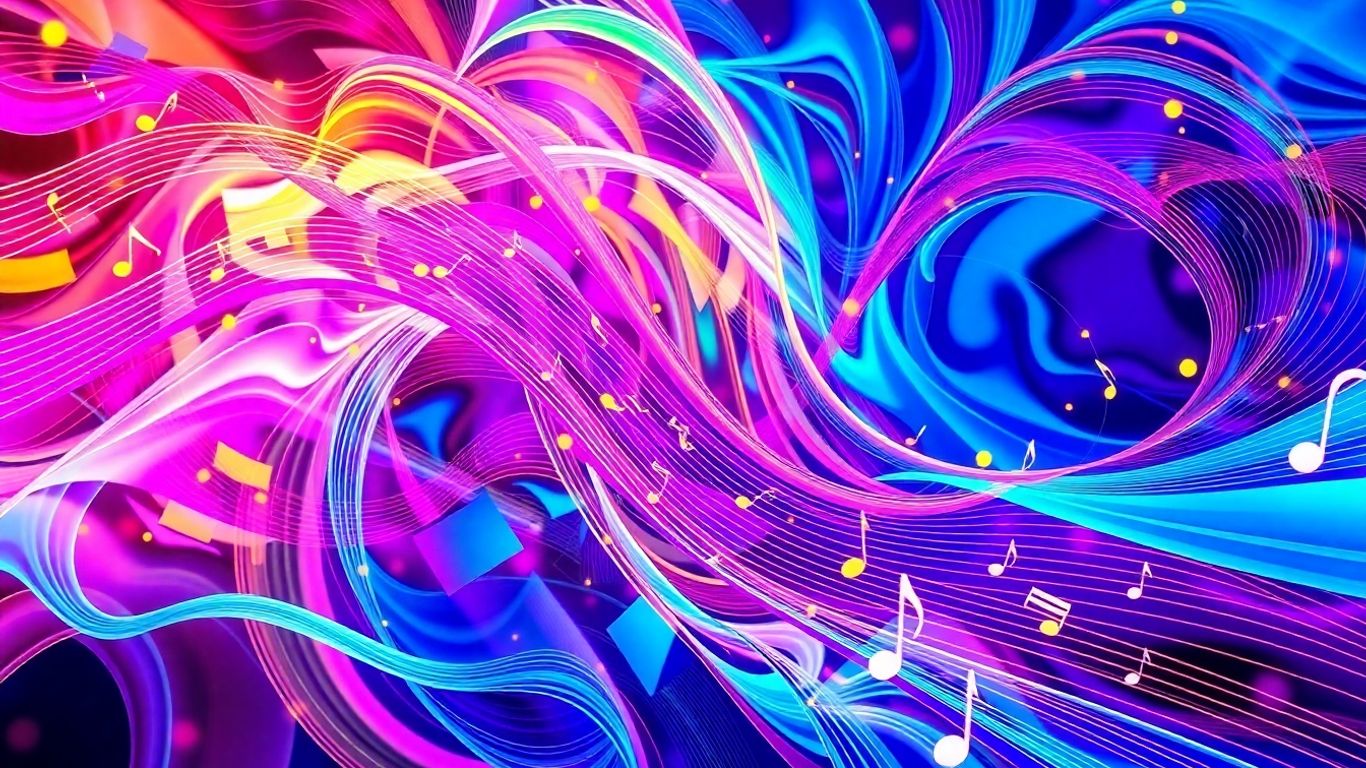 Abstract visualization of music notes and sound waves.