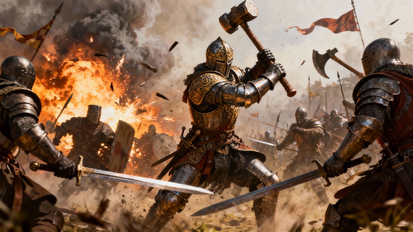 Knights battling fiercely on a medieval battlefield.