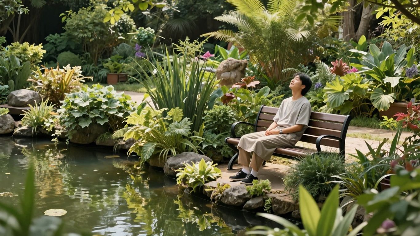 Tranquil garden scene with person finding peace.