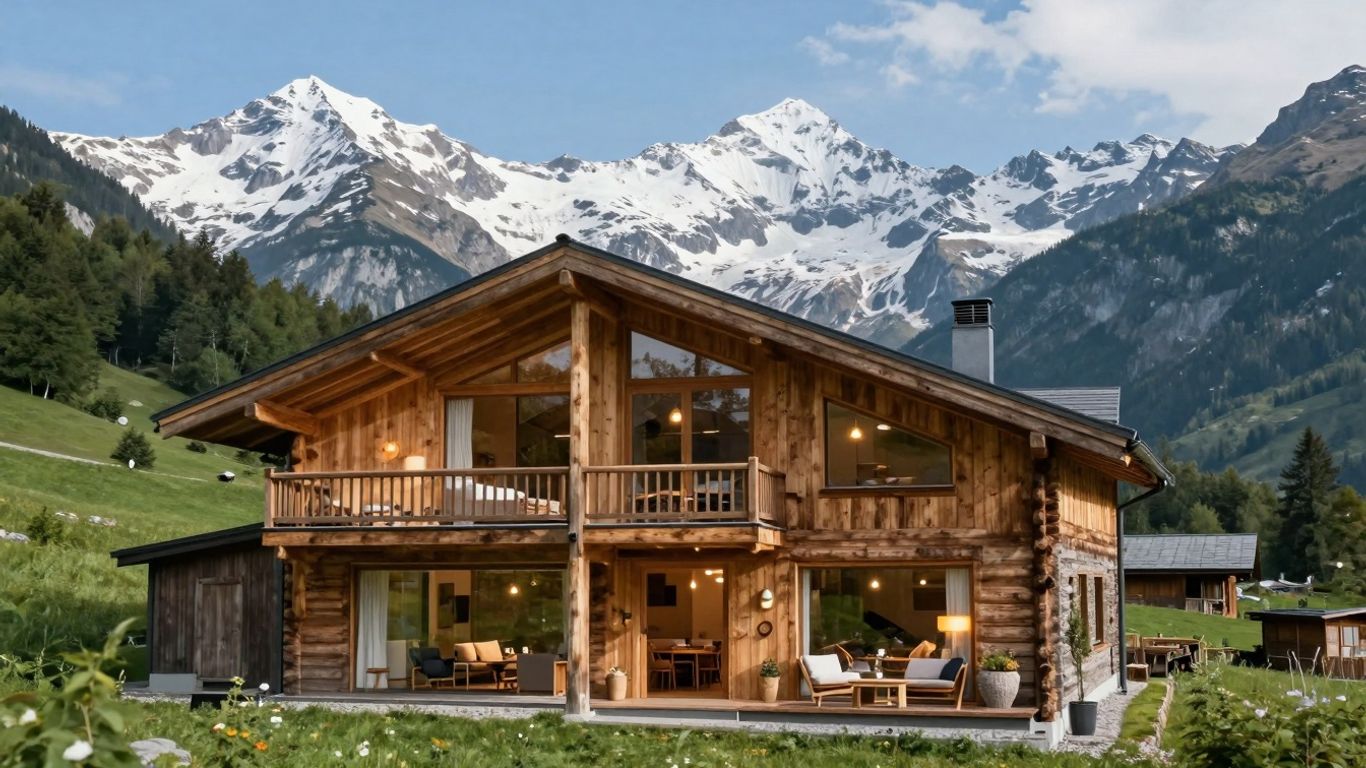 Lodge en bois dans les Alpes avec vue sur la nature.
