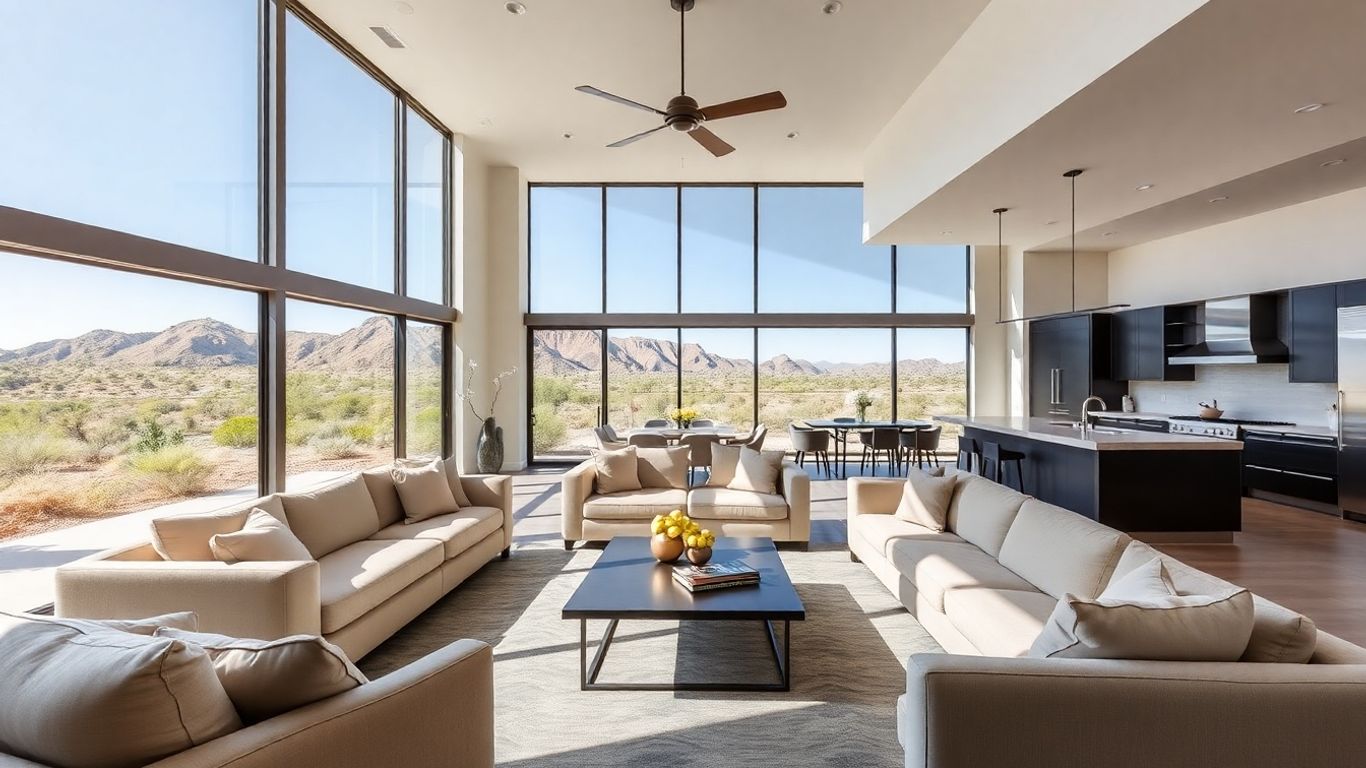 Modern open-concept living room with desert mountain views.