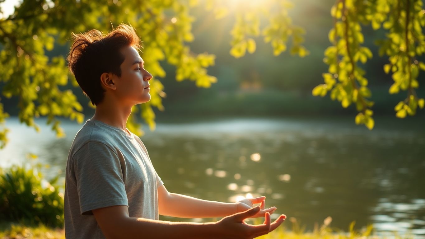 Person meditating peacefully in nature, feeling calm.