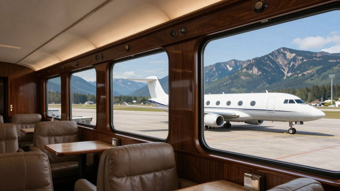 Rocky Mountaineer train and private jet side-by-side.