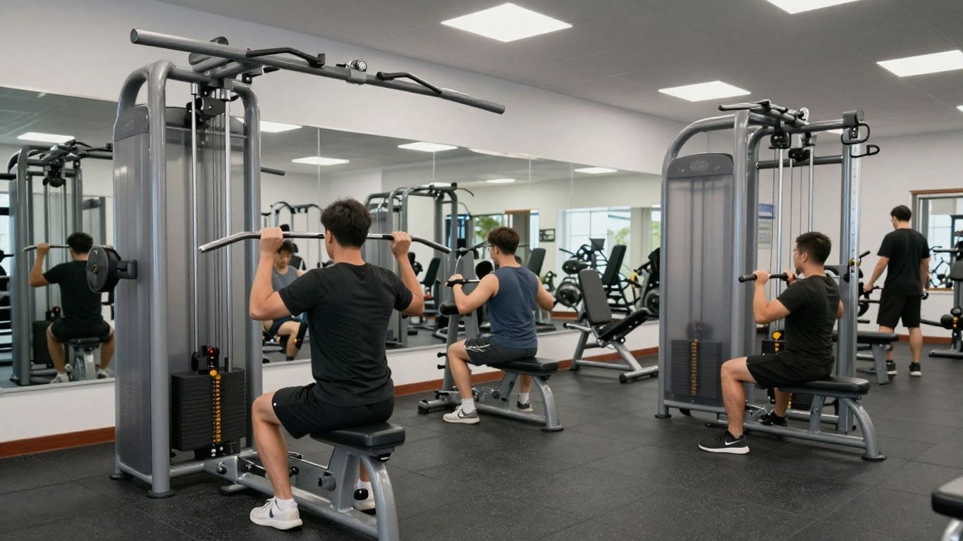 People using different back workout machines in gym