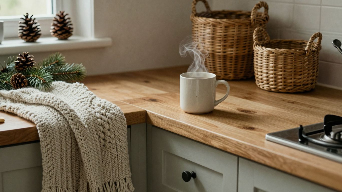 Cozy winter kitchen with warm wood tones and soft lighting.