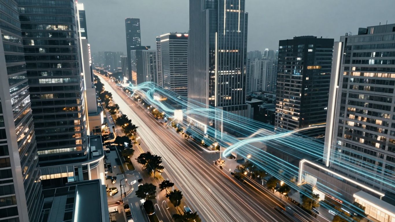 Futuristic cityscape with digital pathways and light trails.