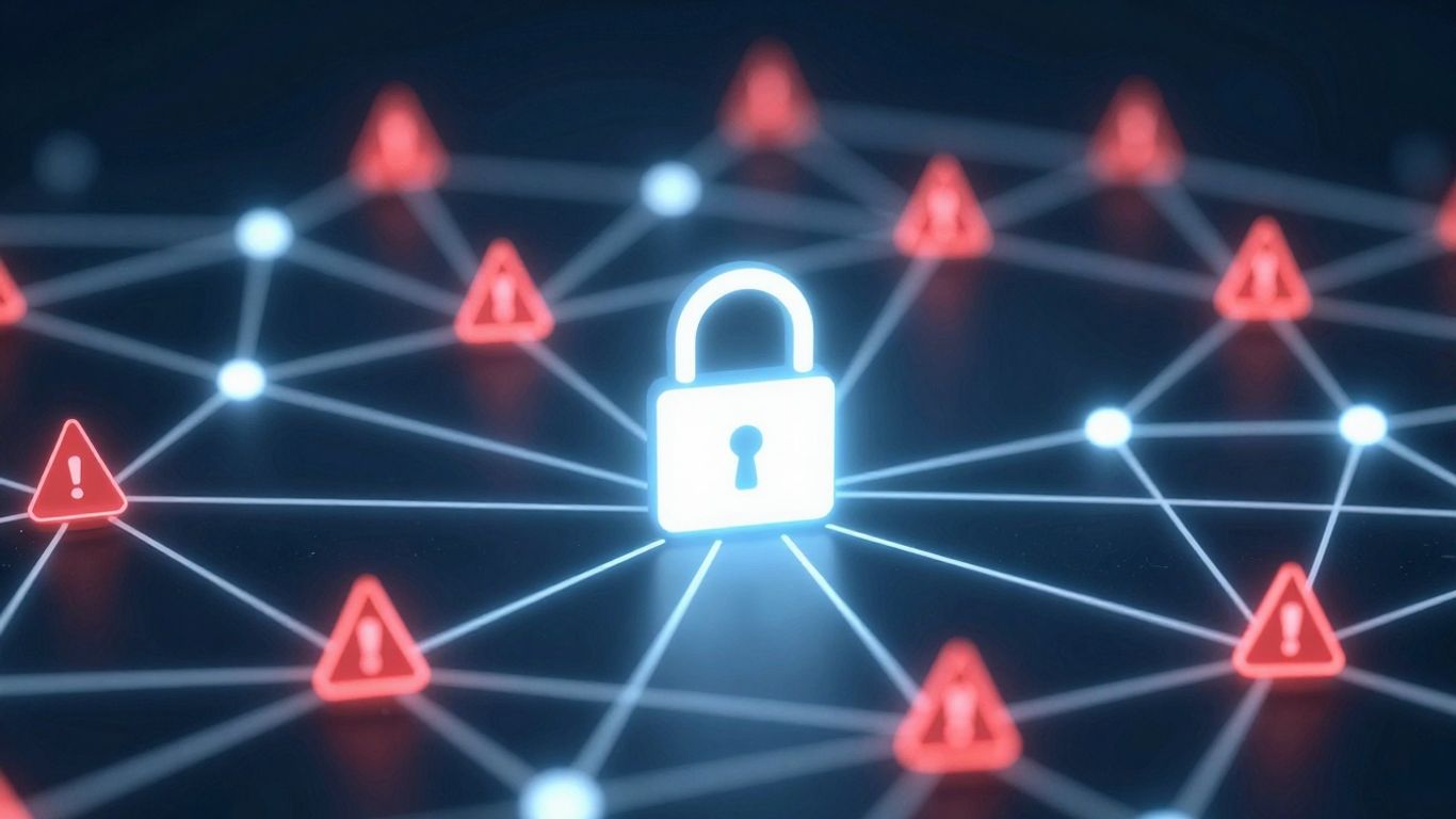Digital network with security warning icons and padlock.