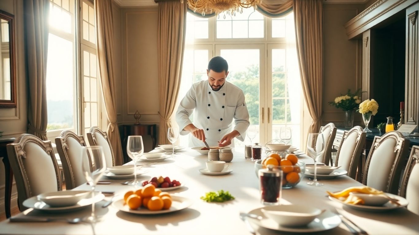 Dîner en villa avec chef privé préparant des plats gastronomiques.