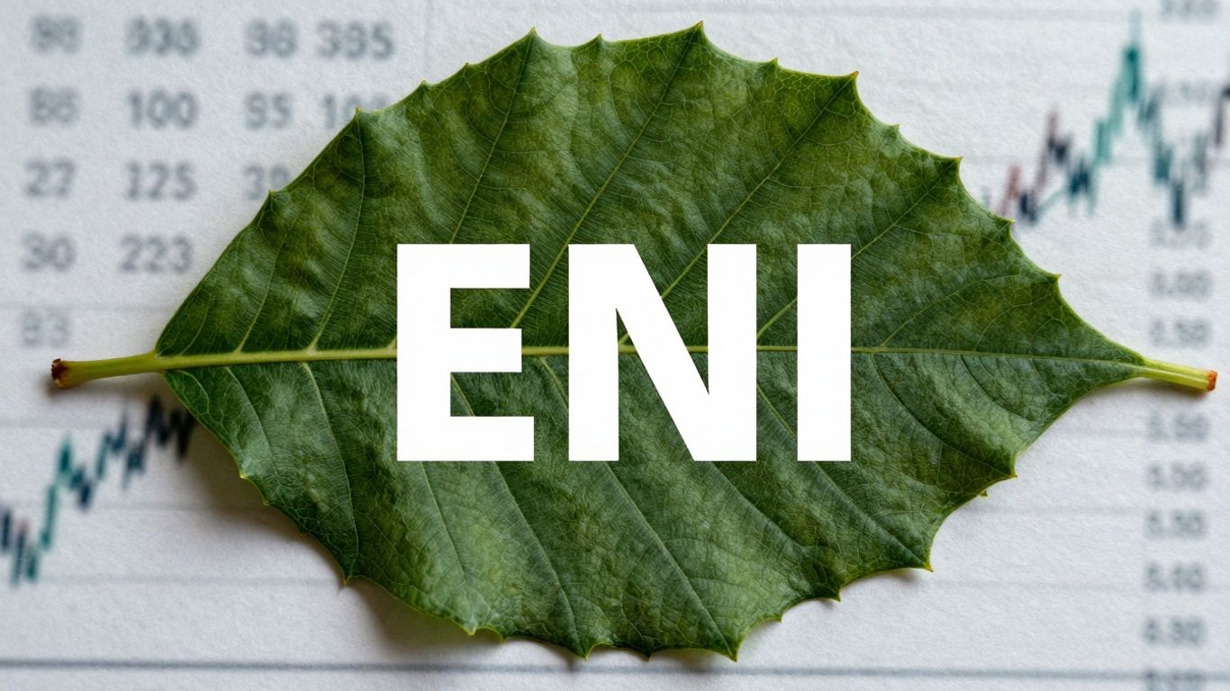 Logo ENI avec une feuille verte et un graphique financier.