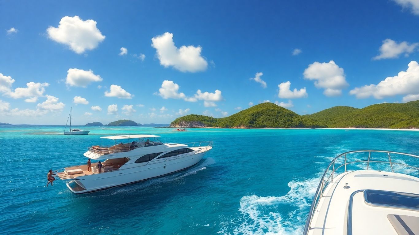 Luxury yacht cruising Caribbean turquoise waters near tropical islands