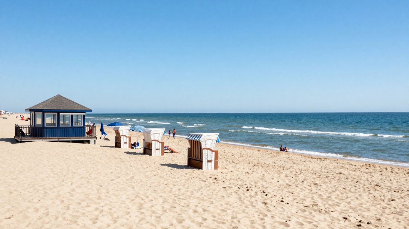 Zonnig strandpaviljoen met zee en strandstoelen.