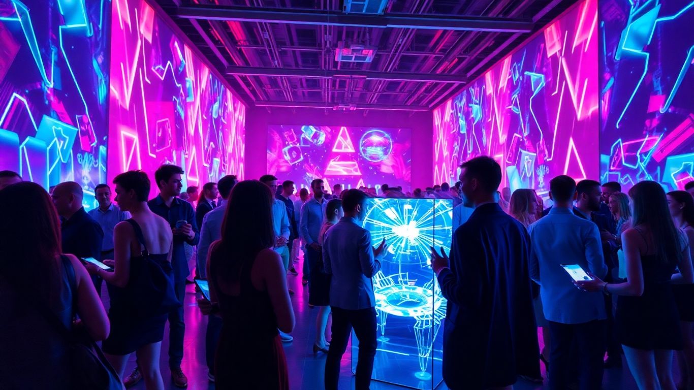 Futuristic event with neon lights and holographic projections.