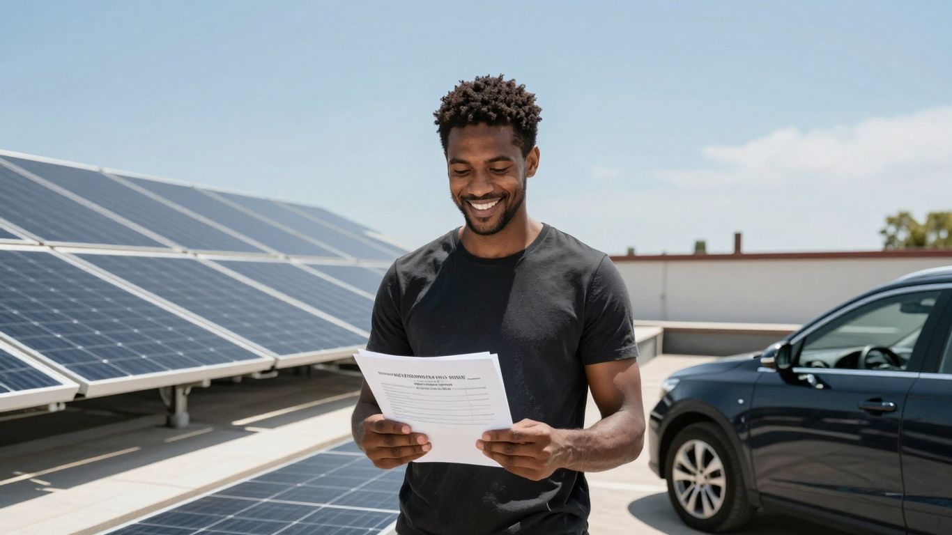 A Technician And A Homeowner Reviewing A Solar Panel Loan Agreement With Rooftop Solar Panels In The Background.