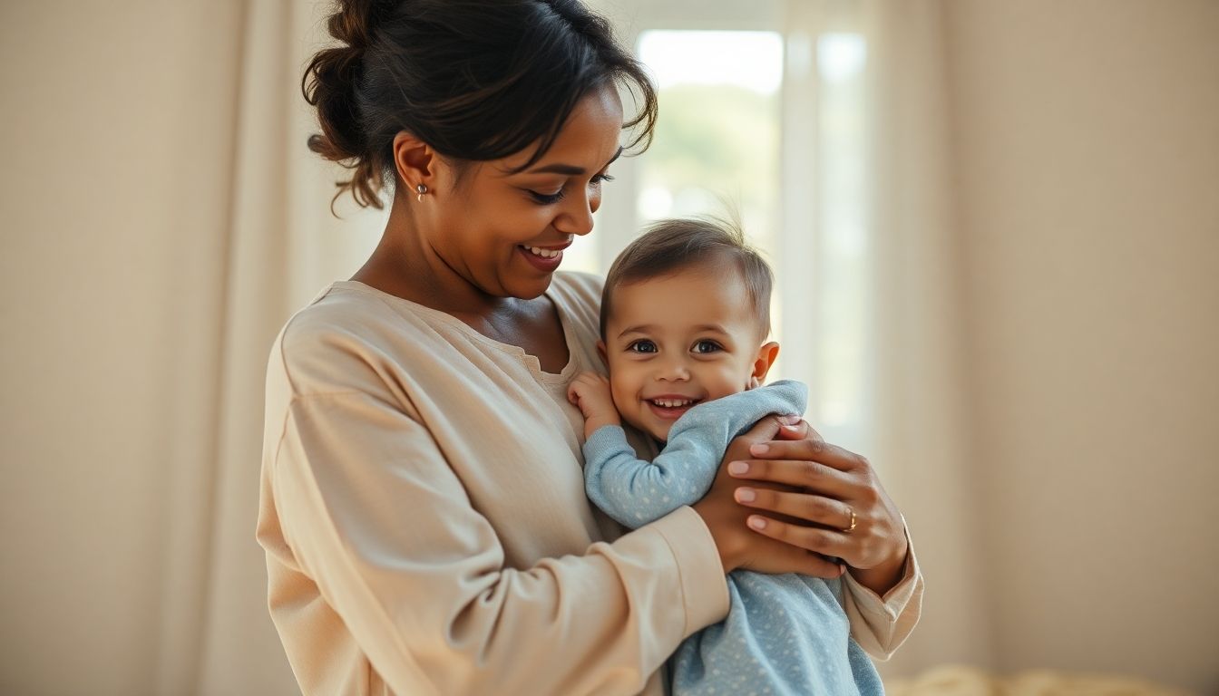 Mère enlace tendrement son enfant dans un intérieur lumineux.