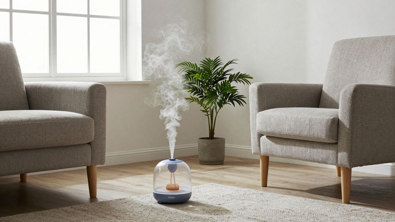Cozy living room with soft light and a plant.