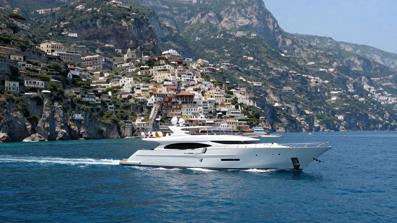 Luxury yacht sailing Amalfi Coast waters with scenic cliffs.
