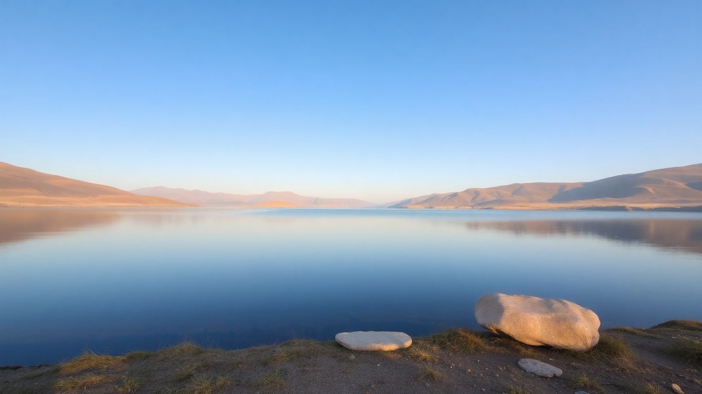 Paysage paisible avec lac calme et collines douces.