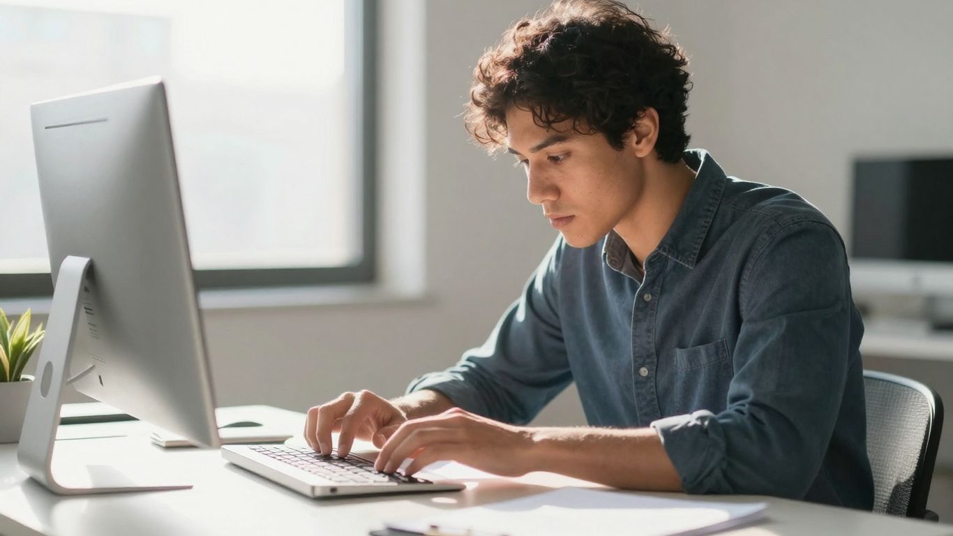 Person intensely focused on work at a desk.