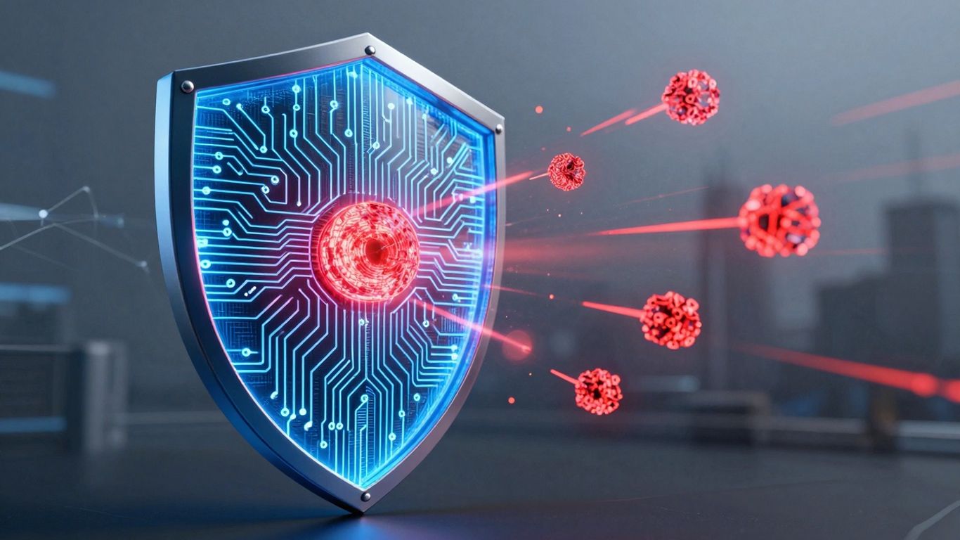Digital shield protecting against cyber threats.