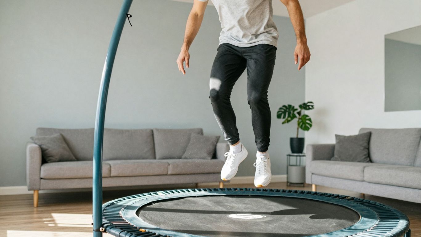 Person exercising on a mini trampoline indoors.