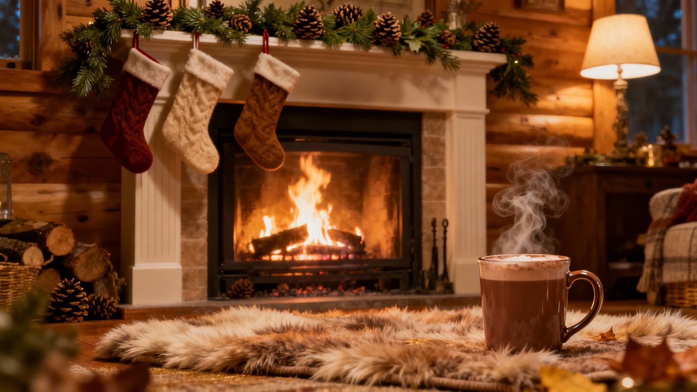 Cozy fireplace with stockings and warm glow.