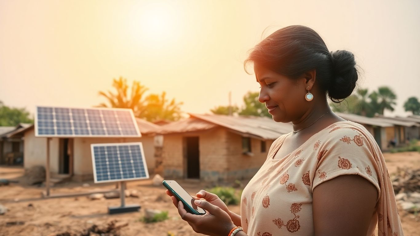 Village avec panneaux solaires et technologie mobile