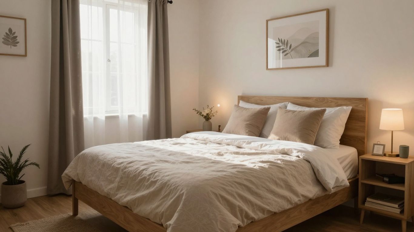 Cozy Airbnb bedroom with comfortable bedding and soft lighting.