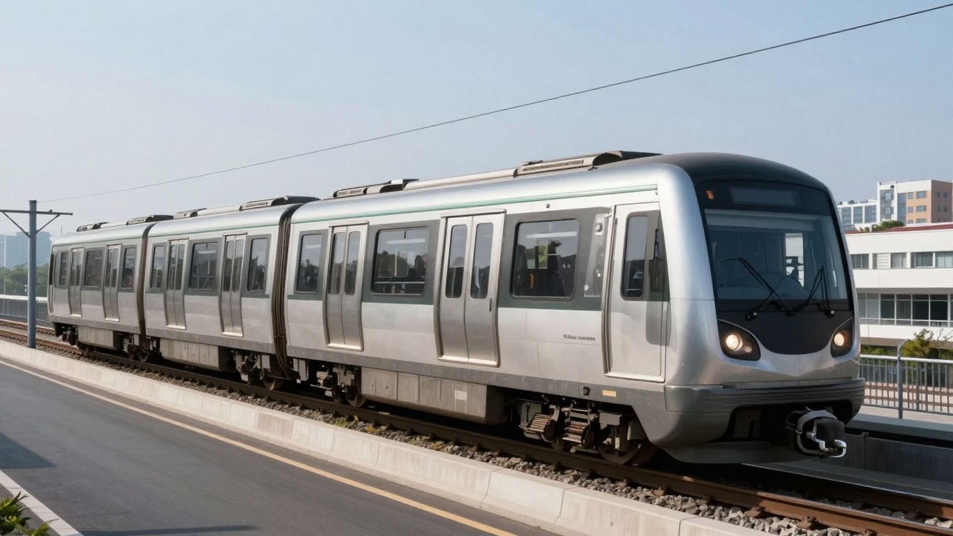 Modern train travelling on elevated track towards city
