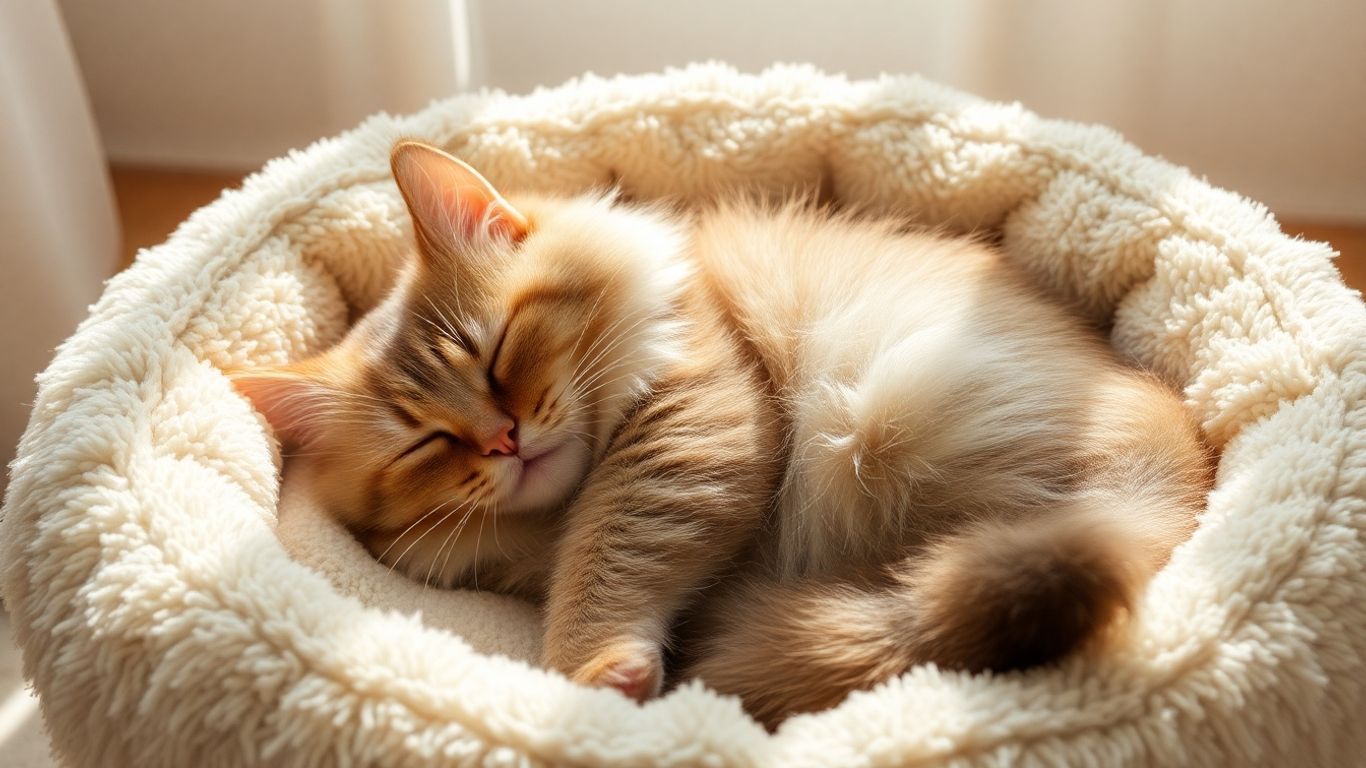 Cat sleeping soundly in a soft, round bed.