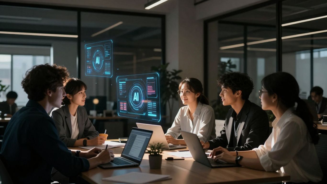 Small business owners discussing AI integration in a modern office.