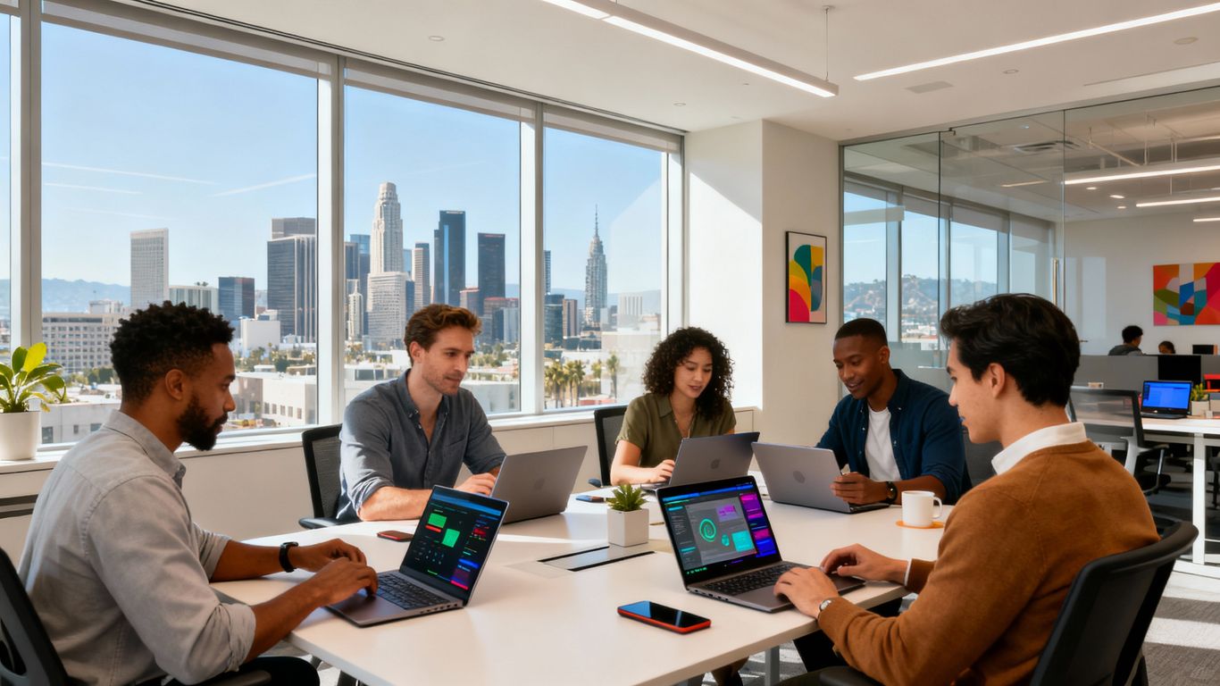 Business team in LA office with technology devices